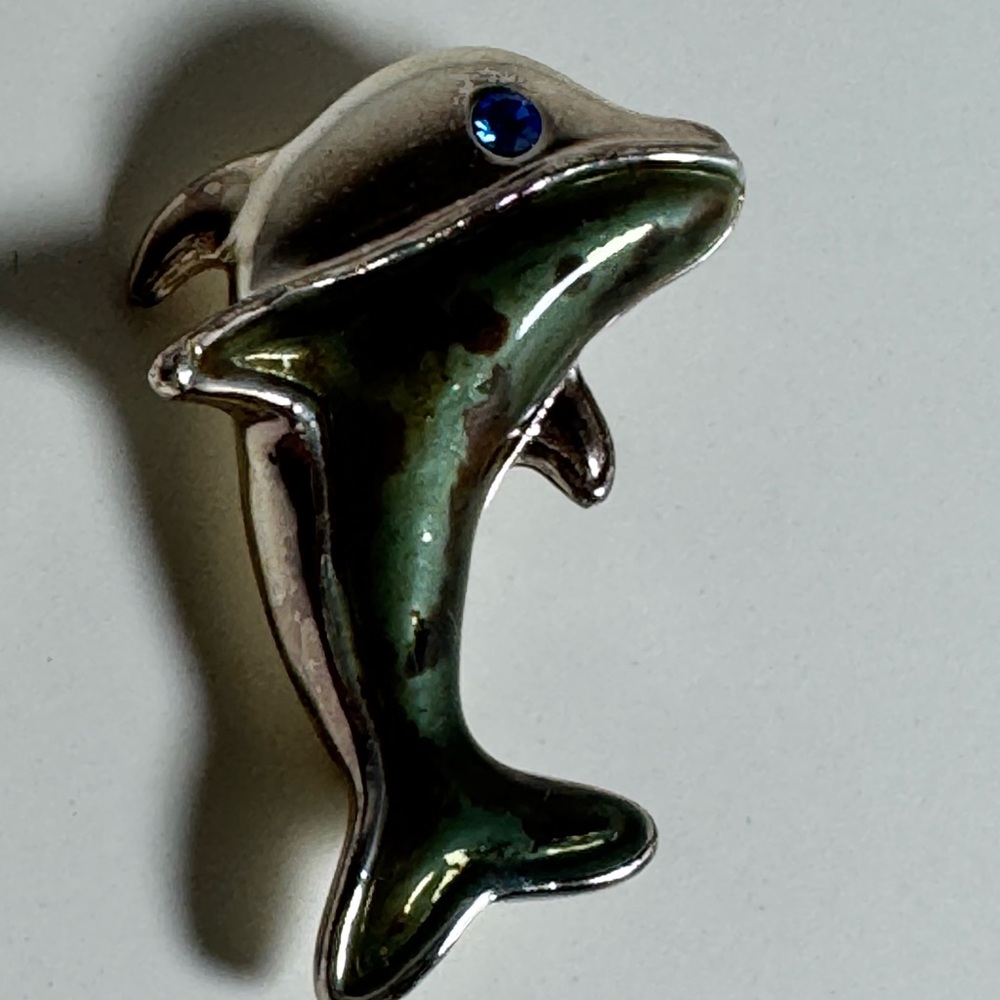 Vintage Silver Tone Green Enamel Dolphin Brooch Pin Blue Rhinestone Eye Nautical